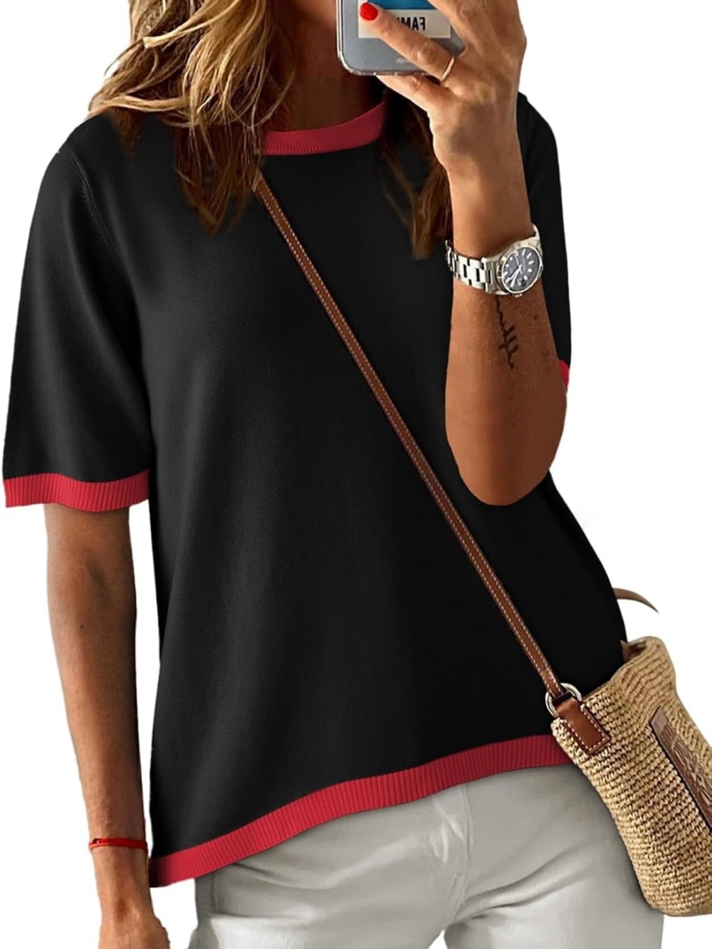 Black Short-Sleeve Tee with Red Trim - Women's Casual Top